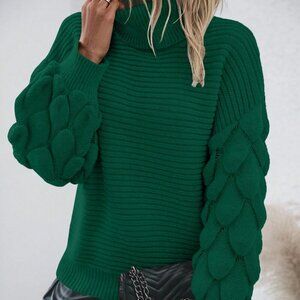 Dark Green Casual Women's High Neck Dropped Shoulder Long Sleeve Pullover Sweate